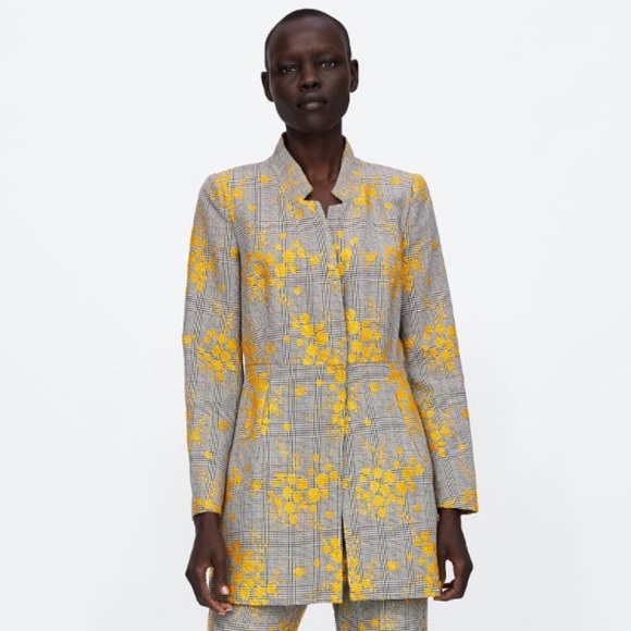 ZARA FLORAL YELLOW & PLAID GREY INVERTED
LAPEL FROCK COAT JACKET WOMEN Sz: XL - Picture 4 of 9